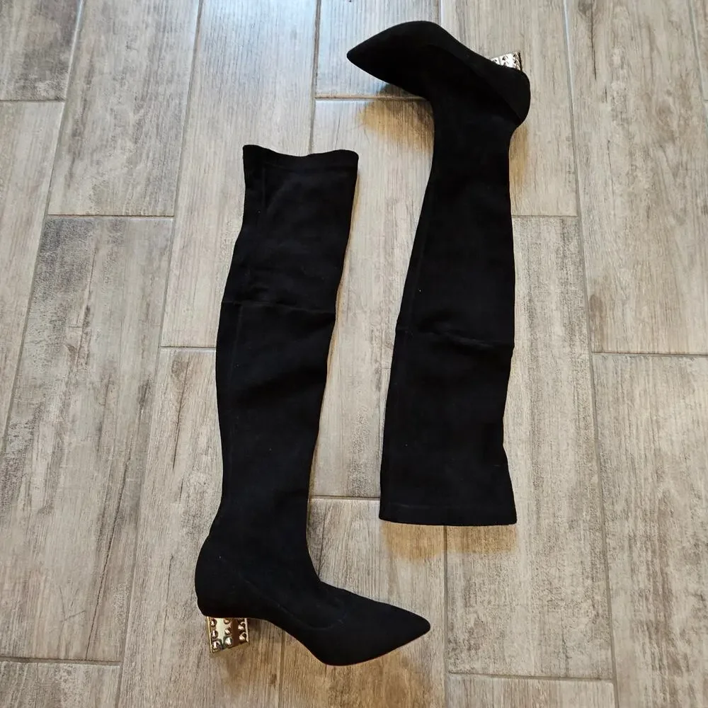 Nicholas Kirkwood Over The Knee Suede‎ Boots Women EU 38 US 8 Studded Gold Heel